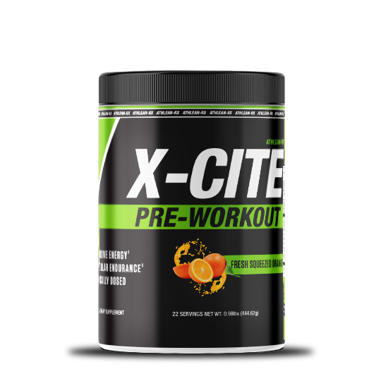 X-CITE pre-workout supplement container with ATHLEAN-RX branding