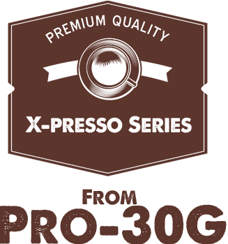 PRO-30G X-PRESSO coffee-inspired protein powder badges showing premium quality and taste