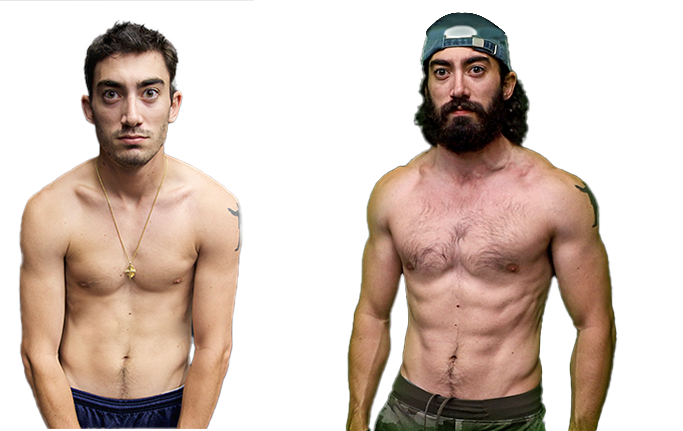 Jesse's transformation photo showing before and after results using PRO-30G protein powder - overcame hardgainer struggles
