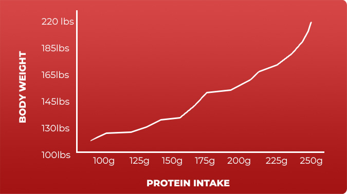 Chart showing daily protein requirements: 180lb man needs over 200g protein daily for muscle building
