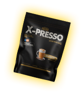 PRO-30G X-PRESSO container with coffee-inspired flavors and 150mg caffeine per serving