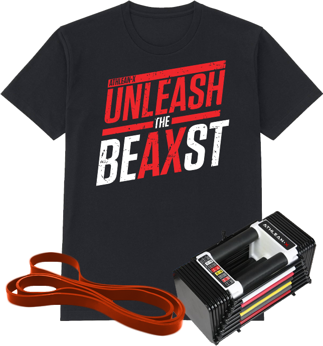 ATHLEAN-X training equipment including resistance bands, dumbbells, and athletic apparel displayed together