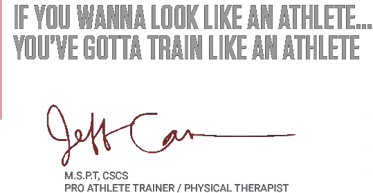 Jeff Cavaliere's signature with 'TRAIN LIKE AN ATHLETE' motivational message and official ATHLEAN-X coach branding