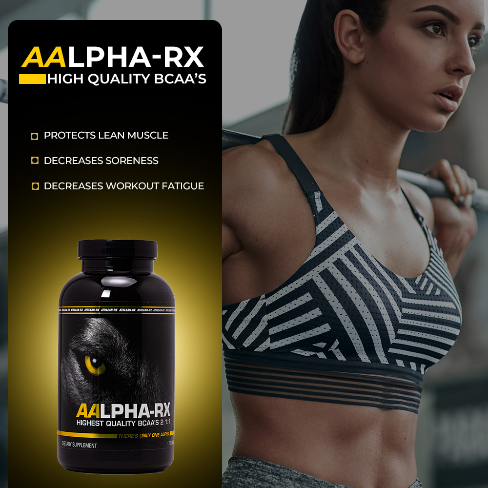 Product image showing ATHLEAN RX AALPHA BCAA's supplement bottle with key benefits highlighted