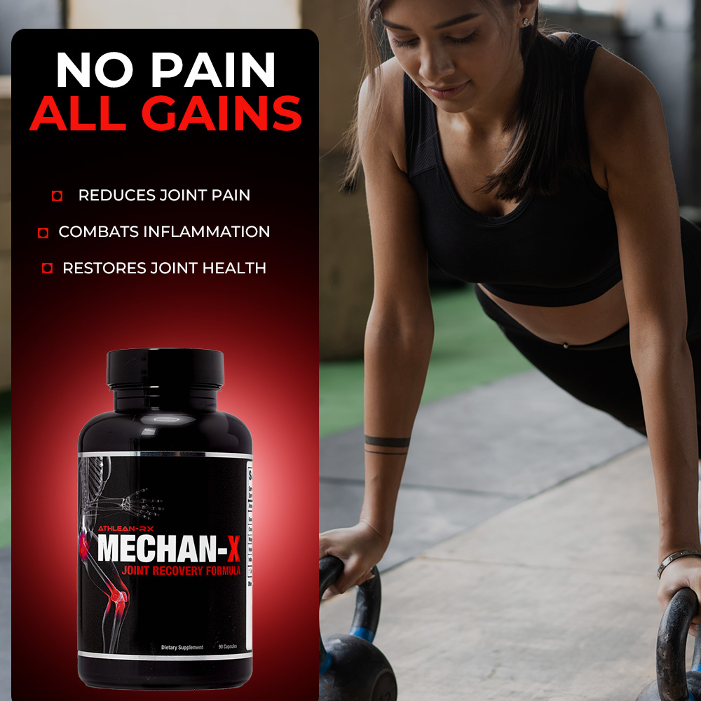 Product image showing ATHLEAN RX MECHAN-X Joint Recovery supplement bottle with key benefits highlighted