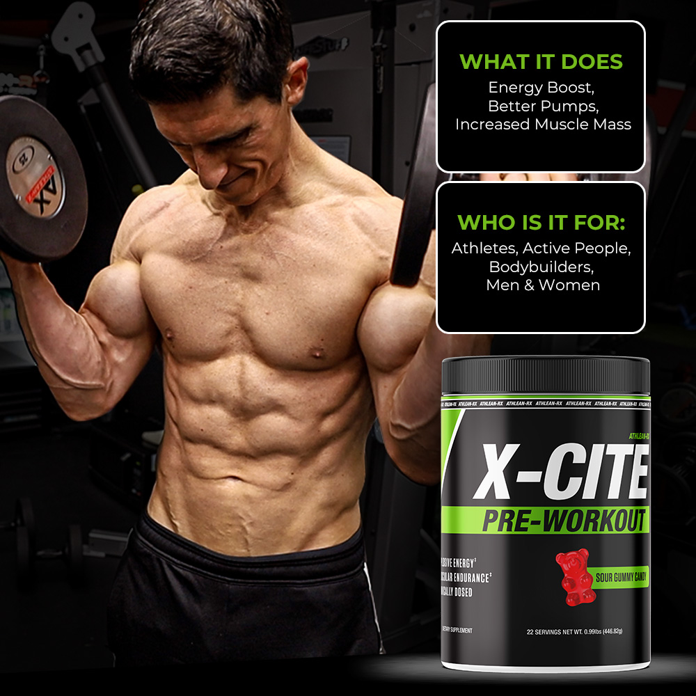 Product image showing ATHLEAN RX-1 Pre Workout supplement bottle with key benefits highlighted