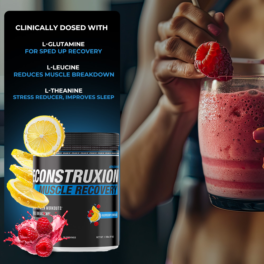 Product image showing ATHLEAN RX RECONSTRUXTION MUSCLE RECOVERY supplement bottle with key benefits highlighted