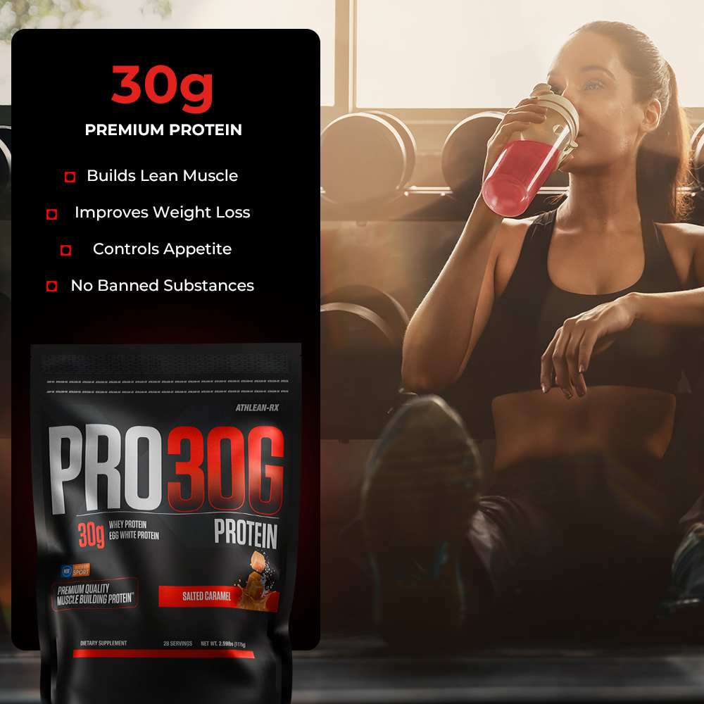 Product image showing ATHLEAN PRO-30G Premium Protein supplement bottle with key benefits highlighted