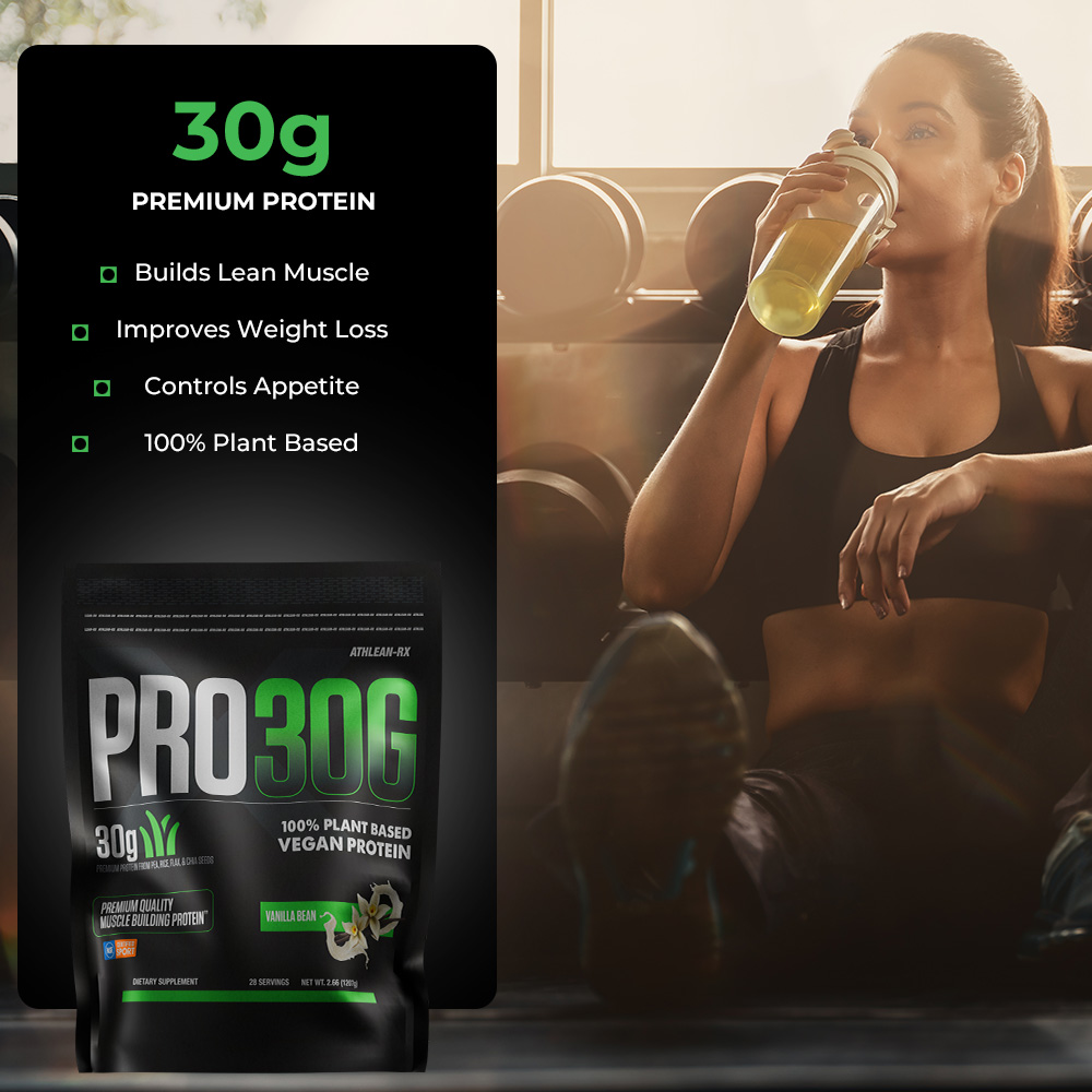 Product image showing ATHLEAN PRO-30G Vegan Premium Protein supplement bottle with key benefits highlighted