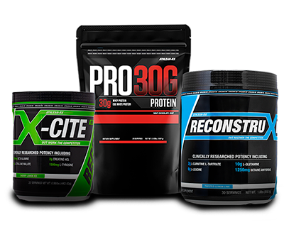 ATHLEAN-RX Base Stack bundle containing RX-1 pre-workout, RX-3 recovery, and PRO-30G protein supplements